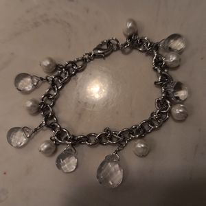 Bracelet Dangle Pearl like Beads and Clear Crystal Charms Silver like Chain New